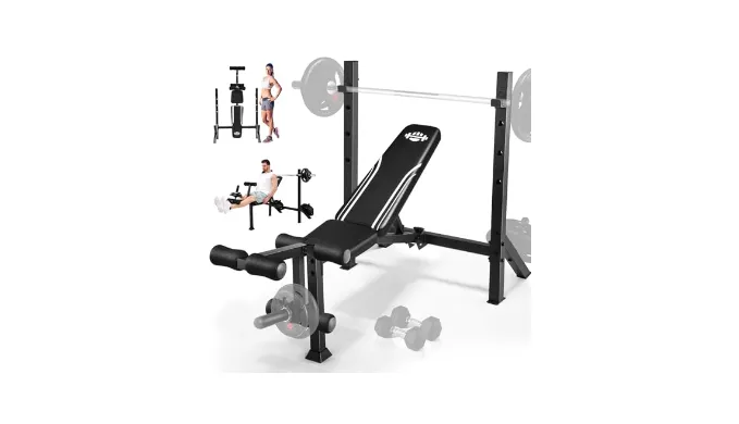 Adjustable Weight Bench Press Set 900LBS with 72W Squat Rack & Leg Extension/Curl Foldable Workout Bench for Full Body Fitness Flat/Incline/Decline Upgrade Weight Benches for Home Gym