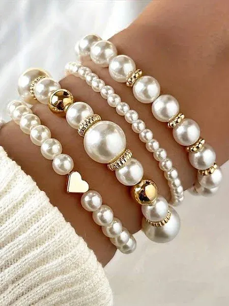 Women's Elegant Stackable Pearl Bracelet Set (4 Pieces)