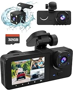3 Channel Dash Cam,4K+1080P Dash Cam Front and Rear Inside, Dash Camera for Cars, Triple Car Camera with 32GB Card,Built-in G-Sensor, 2 IPS Display Car Camera,Loop Recording,24Hr Parking