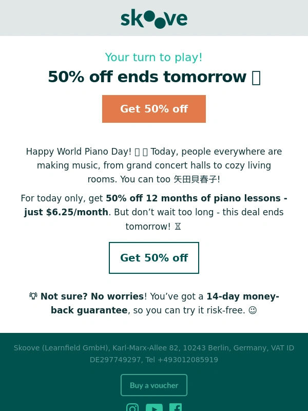 Skoove - Ends in 24h ⏰ Celebrate with 50% off lessons on World Piano Day!