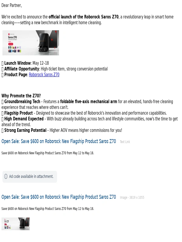 Roborock - Fwd: ? Launch Alert: Roborock Z70 is Here – Be the First to Promote Our Flagship!