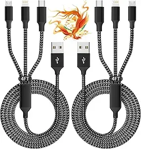 IDISON Multi Charging Cable(2Pack 4FT), 3 in 1 USB Charging Cable for Multiple Devices, Braided Universal Phone Charger Cord with Type-C, Micro USB, IP Port for iPhone16/15/14/Android Phones and More