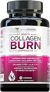 Multi Collagen Burn: Multi-Type Hydrolyzed Protein Peptides with Hyaluronic Acid, Vitamin C, SOD B Dimpless, Types I, II, III, V and X, Caffeine-Free (Unflavored Capsules)