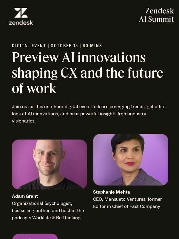 Zendesk - You’re invited: Digital Zendesk AI Summit with Adam Grant on October 15