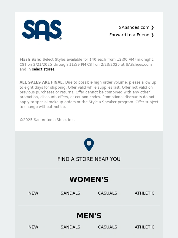 SAS Shoes - $40 Flash Sale Happening Now! Don't Miss It
