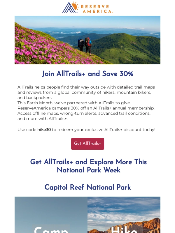 Reserve america - Hike new trails this Earth Month with 30% off AllTrails+