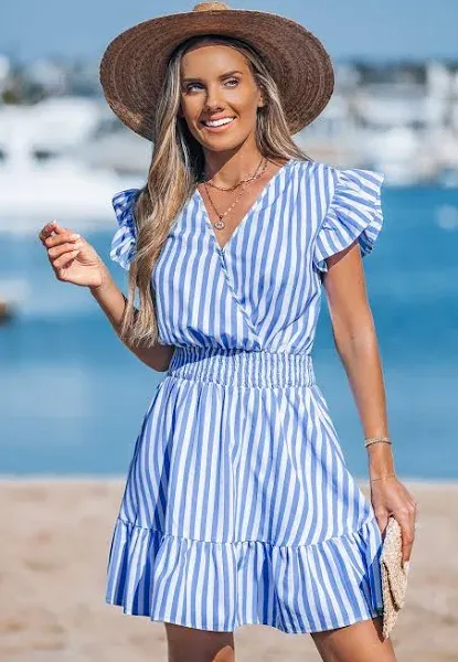 Cupshe Sleeveless Stripe Surplice Mini Dress with Pockets