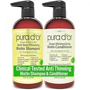 PURA D'OR Anti-Thinning Biotin Shampoo & Deep Moisturizing Conditioner Original Gold Label Set (16oz x2) Natural Earthy Scent, CLINICALLY TESTED Effective Results, Hair Thickening Product, Women & Men