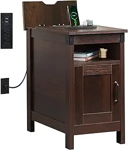 WLIVE End Table with Charging Station, Narrow Side Table for Living Room, Farmhouse Night Stand with Storage, Small Wooden Cabinet with USB Ports and Outlets for Living Room and Bedroom, Espresso