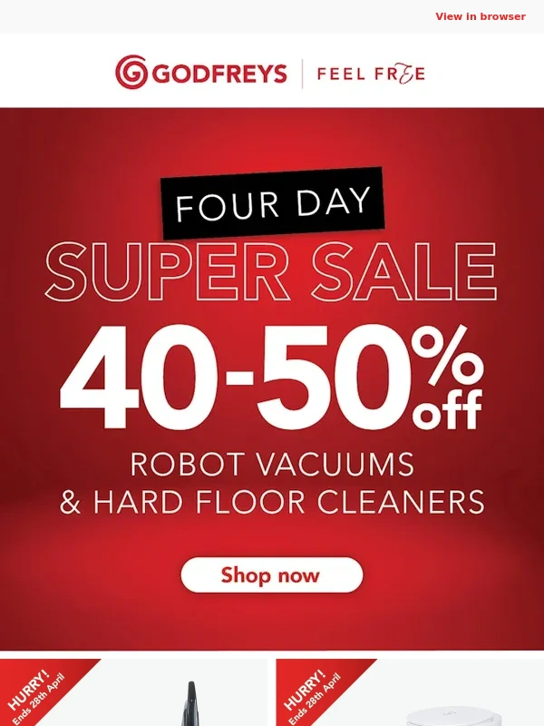 Godfreys - 40-50% Off Robot Vacs and Hard Floor Cleaners ?
