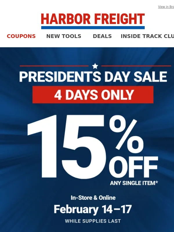Harbor Freight - 15% Off Any Single Item – All Tools,All Brands Included!