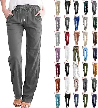 Womens Casual Cotton Linen Pants Lightweight Elastic Waist Pant Summer Fall Lounge Plain Drawstring Trousers Hiking Wide Leg Long Sweatpants with Pockets Plus Size Clothes for Women 2024