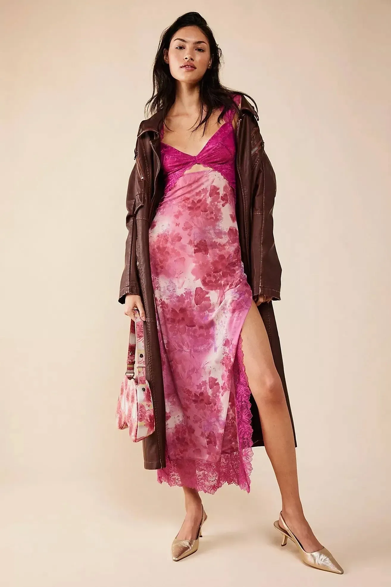Suddenly Fine Floral Print Cutout Lace Trim Nightgown
