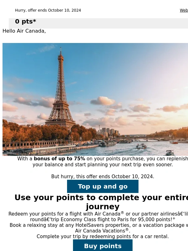Air Canada - Offer ends soon! Build up your points balance with a bonus of up to 75% when you buy points!