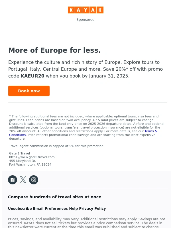 Kayak.com - 20% off Europe tours. | Italy,Spain,Portugal and more