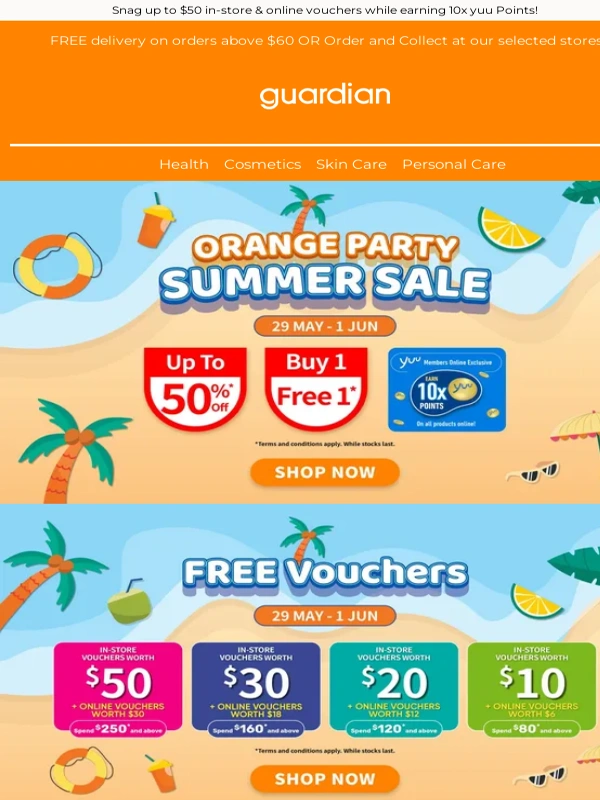 Guardian Singapore - ✨It’s Party Time! Save Up To 50% + Buy 1 Free 1 At The Orange Party Summer Sale Till 1 Jun! ?