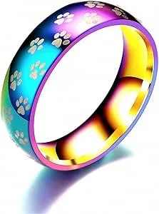 Giwotu Cute Pet Footprint with Dog and Cat Paw Prints Rainbow Ring (Titanium Stainless Steel)