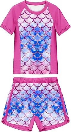 LQSZ Girls Two Pieces Swimsuits Kids Rash Guard Short Sleeve Bathing Suit Suitable for 3-12 Years
