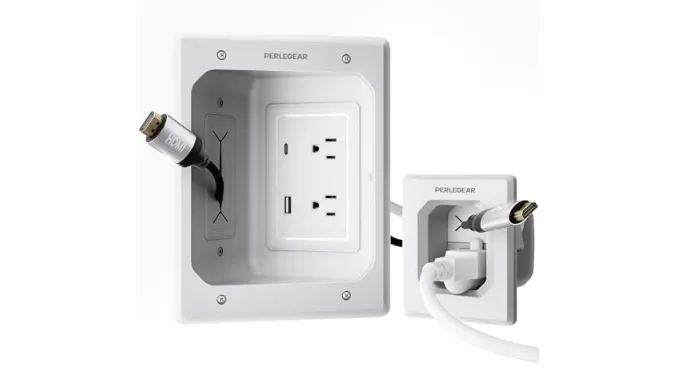 Perlegear Cord Hider for Wall Mount TV with AC Outlets, USB-A and USB-C Ports, in-Wall Cable Management Kit, Includes Drill Templates, Dust Bags, Drywall Saw, Extension Cord