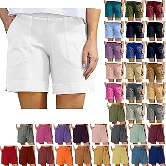 Women Shorts Linen Shorts for Women Summer Elastic High Waist Pant Beach Lounge Short Pants Vacation Outfits with Pockets Daily Deals