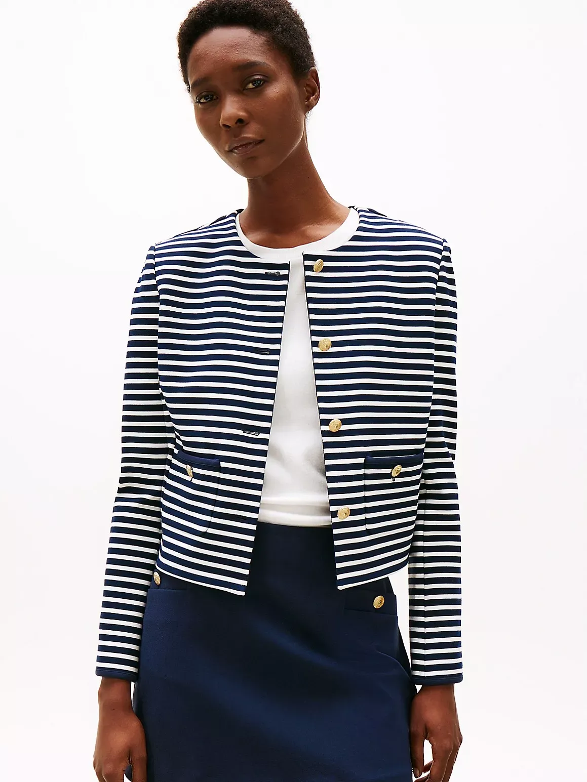 Tommy Hilfiger Women's Gold Button Stripe Jacket - Navy - 4