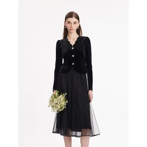 Wave Cut V-Neck Velvet Top And Tulle Skirt Two-Piece Set