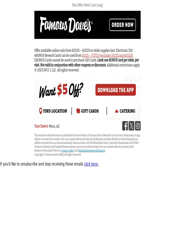 Famous Daves - $10 eBonus Card FREE W/ Purchase of $50 in Gift Cards Online! ?
