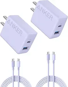Anker iPhone 16 Charger, 2-Pack 20W Fast USB C Charger Block, for iPhone 16/16 Pro Max/15 Series/iPad Pro and More (Purple, 2 Pack & 2 Cable)