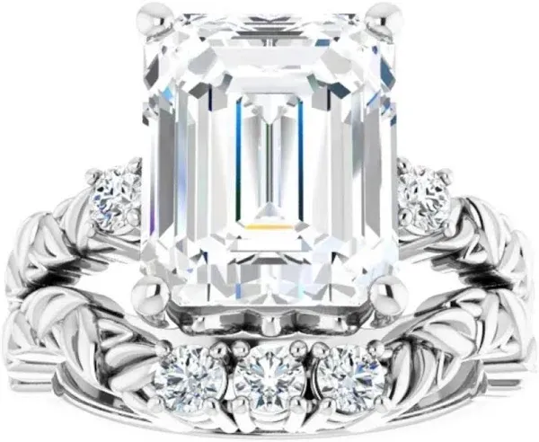 Petite Leaf 5 1/2ct Diamond & Emerald Cut Moissanite Engagement Set in Gold