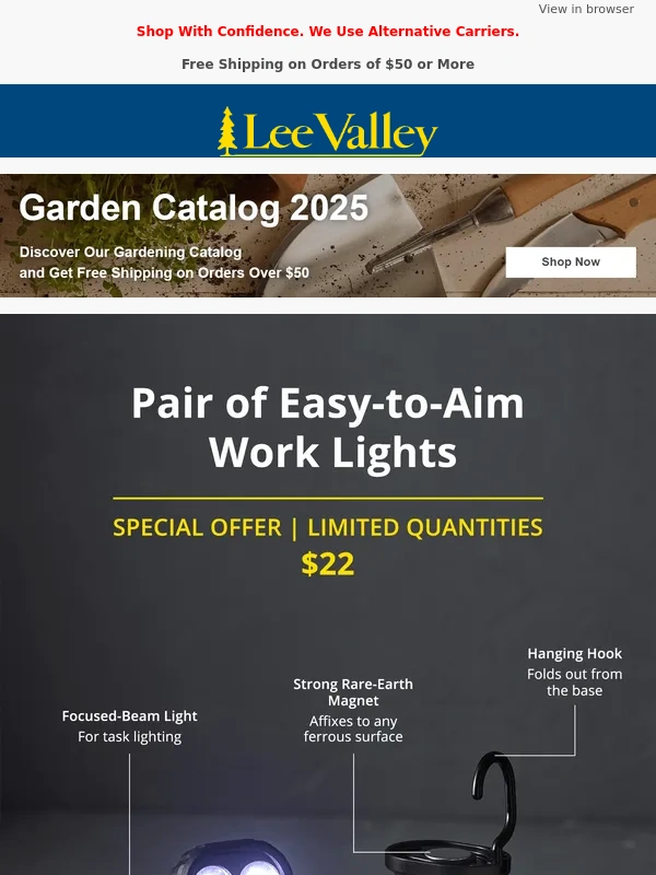 Lee Valley Tools - Special Offer: Pair of Easy-to-Aim Work Lights for $22