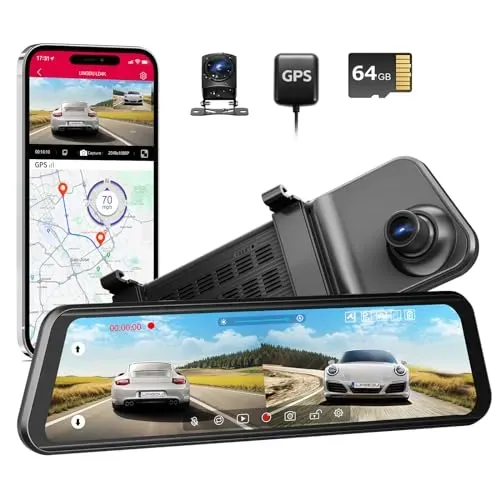 LINGDU 12″ 4K Ultra HD Rear View Mirror Camera with 64GB Card 5G WiFi GPS Voice Control, 4K+1080P Front and Rear View Dual Dash Cam, Loop Recording, G-Sensor, WDR Night Vision, 24H Parking Mode
