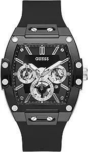GUESS Mens Trend Multifunction 43mm Watch – Black Dial with Black Matte Polycarbonate Case & Silicone Strap