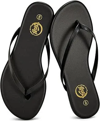 Trary Round Toe Memory Foam Sandals for Women, Vegan Leather Non-Slip Beach Pool Travel Flip Flops, Comfortable Summer Casual Shoes with 5mm Cushion