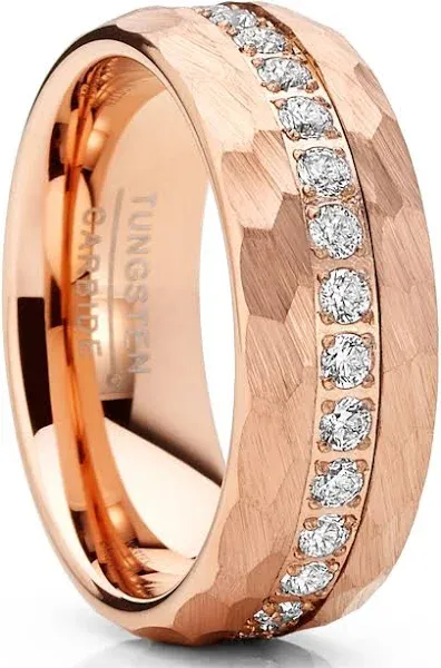 Men's Tungsten Rose Goldtone Hammered Eternity Ring with Cubic-Zirconia