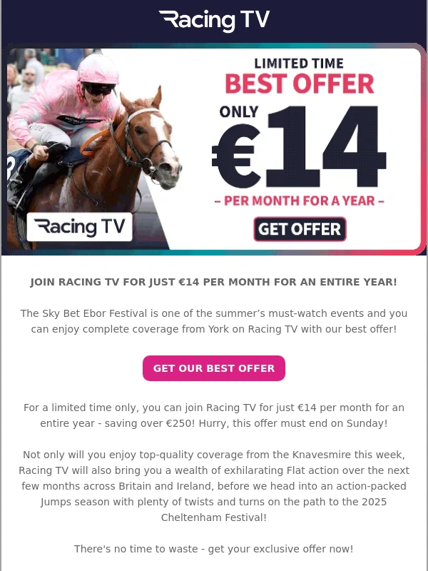 Racing TV - Our best offer! join for just €14 per month for a year ?