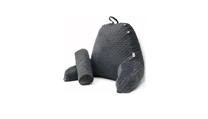 Reading Pillow for Sitting in Bed, Extra Large Backrest Support Cushion with Arms, Sit up Back Pillow Shredded Memory Foam back support Chair Pillow, Bed Rest Pillows with pocket, Detachable Neck Roll