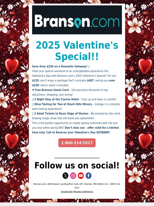 Branson - LAST CHANCE Valentine's Day Specialty Package! Grab while you can!