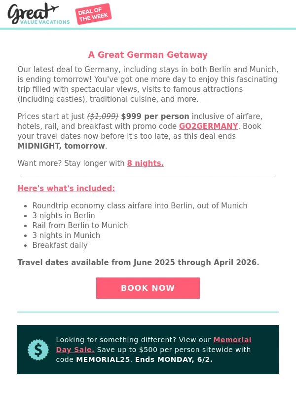 Great Value Vacations - Berlin & Munich Deal Ends TOMORROW! ⏰