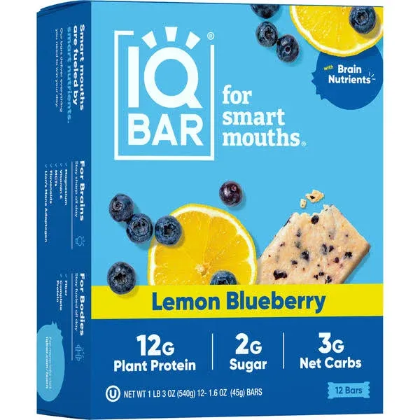 IQBAR Brain Fuel Protein Bars Lemon Blueberry 1.6 Oz Box of 24 Bars