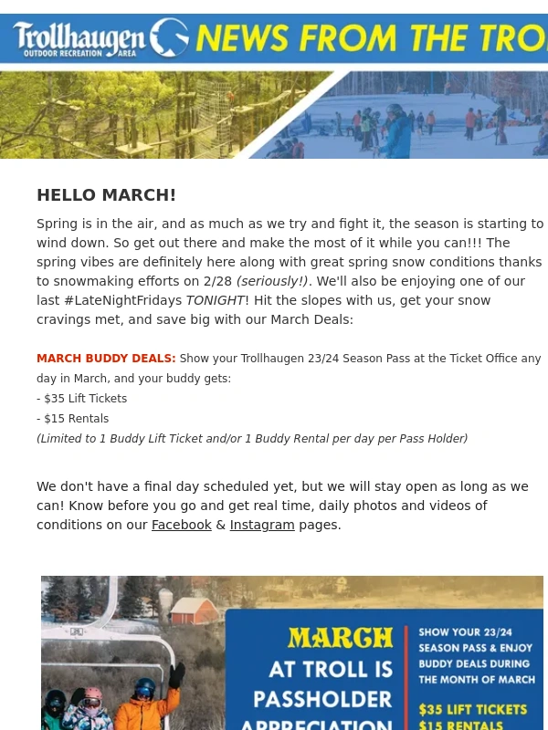 Trollhaugen - MARCH BUDDY DEALS! | Video Snow Report,Demo Days,& more!