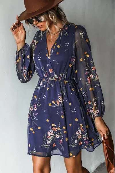 Cupshe Women's Floral Print Chiffon A-Line Mini Dress Long Peasant Sleeves