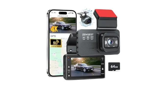 Dash Cam Front and Rear, 4K FHD Dual Dash Camera for Cars, Dash Cam with GPS, 5G WiFi & App Control, 64GB Card Included, G-Sensor, Night Vision, Loop Recording, 170°Wide Angle, WDR, 24H Parking Mode