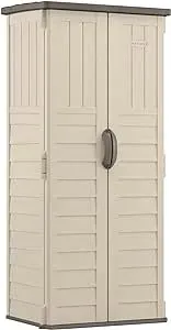 Suncast Vertical Outdoor Storage Shed with Reinforced Floor, Lockable Double Doors, All-Weather Construction, and Multi-Wall Panels, Vanilla, Made in the USA