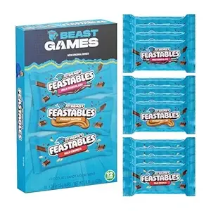 Feastables Beast Games Chocolate Bar Box, Milk Chocolate, Crunch, and Peanut Butter, 1.24 oz (35g), 12 count