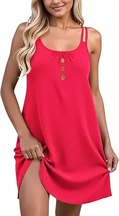 AiMgFUN Womens Beach Cover Up Tank Dress Casual Vacation Short Summer Halter Dresses with Pockets Rose Red S