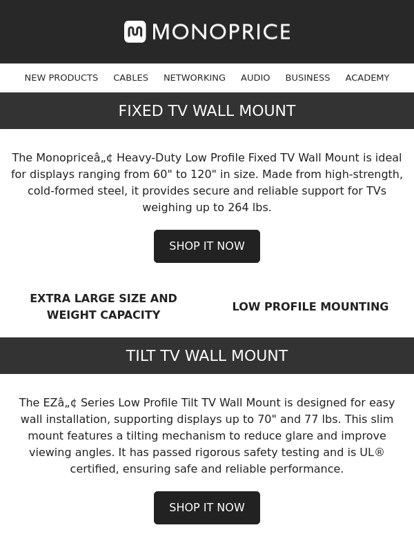 Monoprice - Rock-Solid Support for Your Screen with Heavy Duty TV Wall Mounts ?
