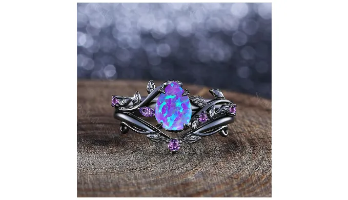 Vintage Pear Lavender Purple Opal Engagement Ring Set
