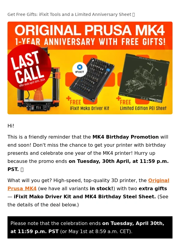 Prusa3D - Last Call Birthday Promo: Get Gifts with MK4