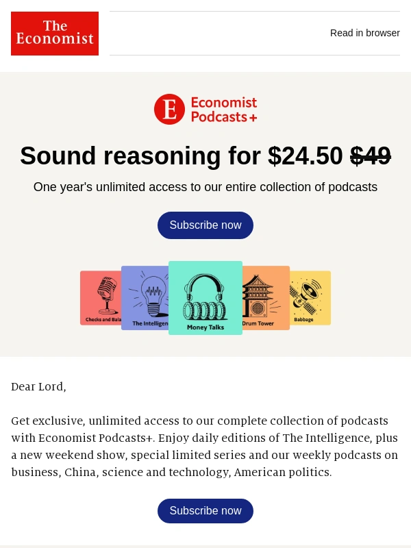 Economist Subscription - Limited-time offer: get Economist Podcasts+ for $2/month