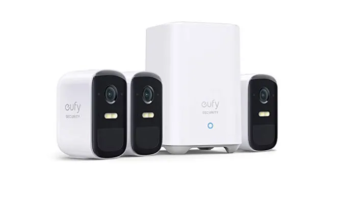 eufy security, eufyCam 2C Pro 3-Cam Kit, Wireless Home Security System with 2K Resolution, 180-Day Battery Life, HomeKit Compatibility, IP67, Night Vision, and No Monthly Fee.